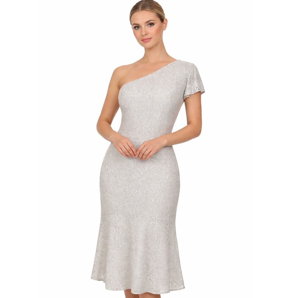 RALPH LAUREN DRESS 16 NEW Midi Silver‎ Sparkle One Shoulder Flutter Cocktail
